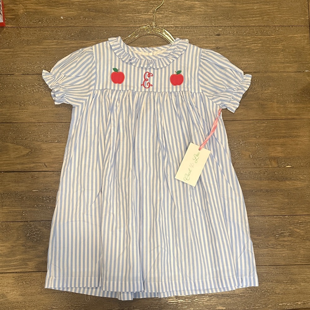 NWT blue and white striped embroidered monogram “E” Cecil & Lou empire dress